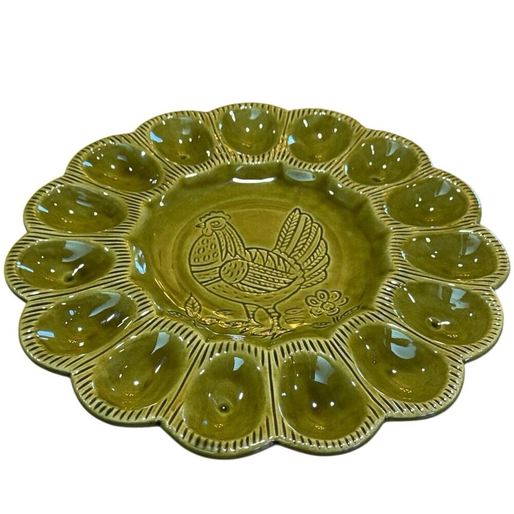 Vintage CALIF USA S 29 Deviled Egg Platter Avocado Green Chicken Folk Art - Picture 8 of 11